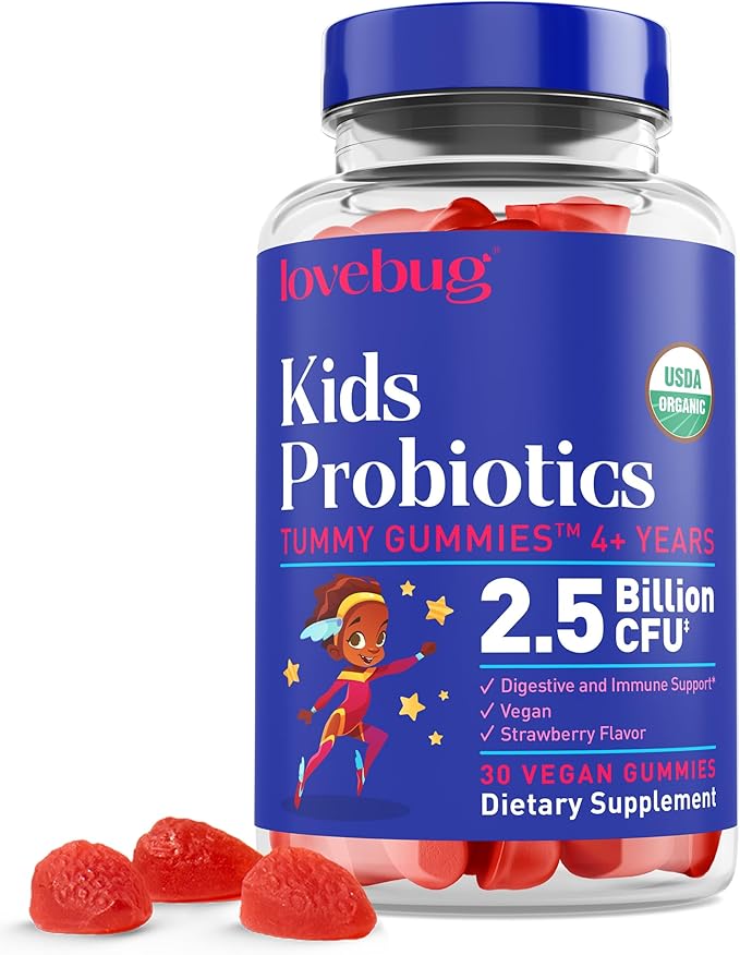 LOVEBUG Kids Probiotic Gummies – Organic Chewable Probiotics for Kids Aged 4+ Soil-Based Children’s Probiotic for Gut Health Constipation Digestive &amp Immune Support Vegan 30 Chews Strawberry