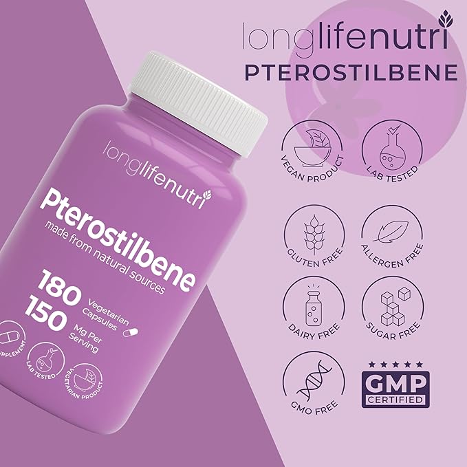 Pterostilbene Supplement 150mg Elevate Cellular Energy 180 Vegan Capsules 3 Month Supply Pure Organic Pterostilbene Extract Made in USA Non GMO Clean Label Easy Swallow Antioxidant Support