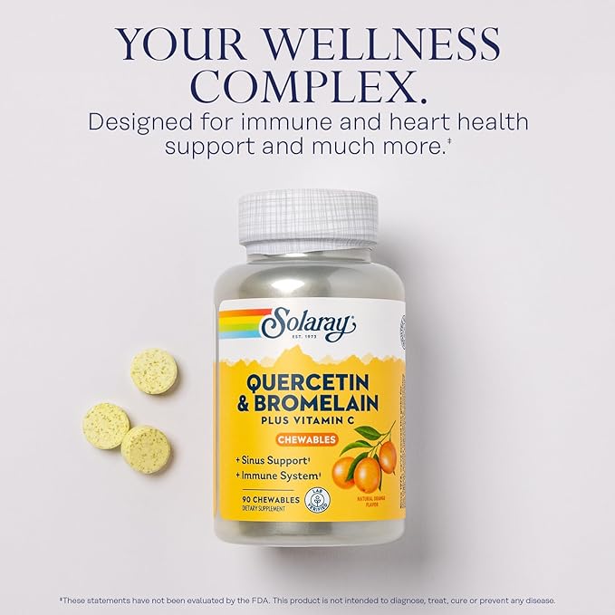 SOLARAY Quercetin with Bromelain and Vitamin C Chewables - Immune Support Supplement - Immune Defense and Heart Health Complex with 1250mg Vit C Natural Orange Flavor 60-Day Guarantee 30 Serv 90ct