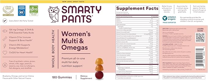 SmartyPants Women's Multivitamin Gummies: Omega 3 Fish Oil (EPA/DHA) Methylfolate CoQ10 Vitamin D3 C Vitamin B12 B6 A K &amp Zinc Inositol Gluten Free (30 Day Supply) 180 Count (Pack of 2
