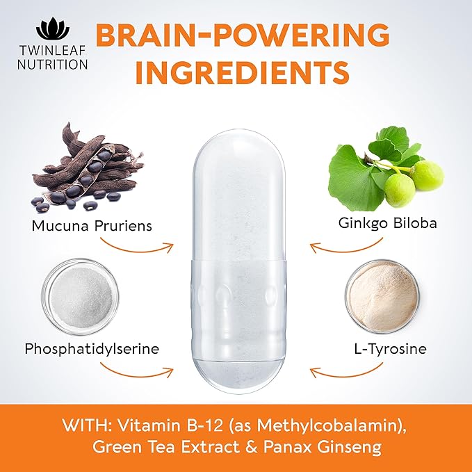 TWINLEAF NUTRITION Dopamine Brain Support Supplement 1000 mg Blend - Made in USA - with DMAE Vitamin B12 and L-Tyrosine - Enhance Mental Well-Being - 60 Capsules