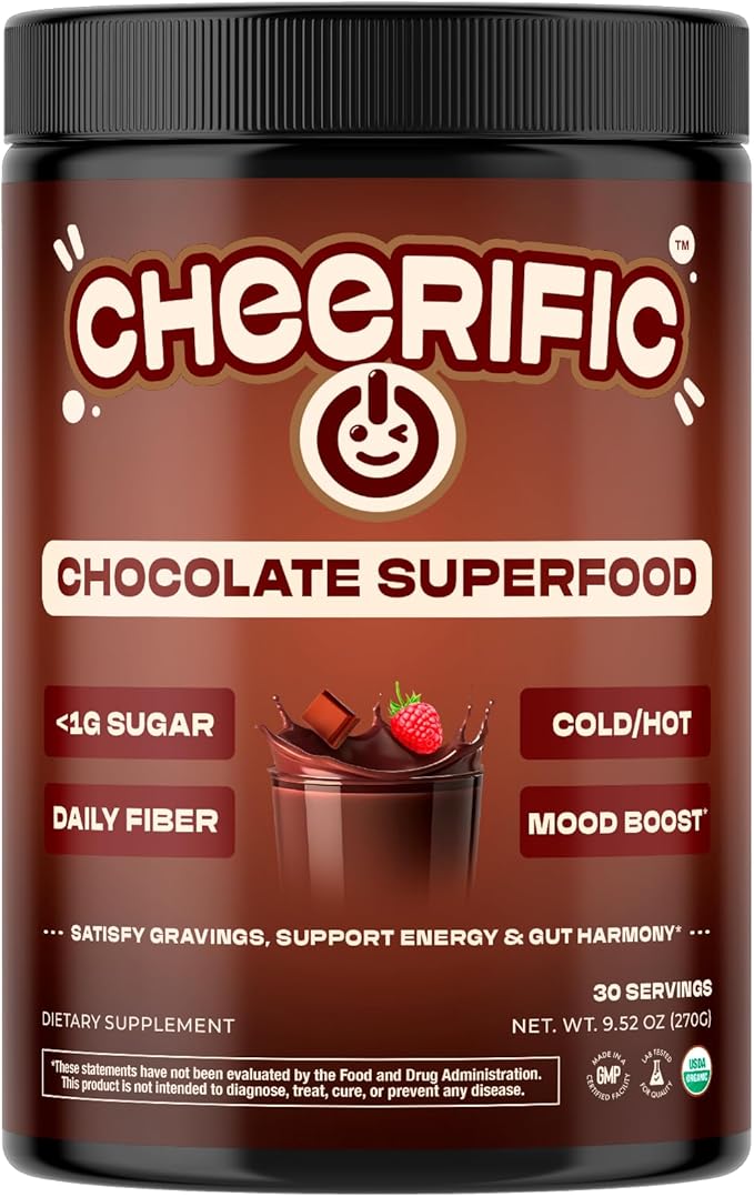 Dark Chocolate Superfood Powder - 17 Organic Superfoods + Prebiotic &amp Probiotics + More - Keto Friendly - Supports Positive Mood Gut Health - Vegan Gluten Free Non-GMO - 30 Day Supply