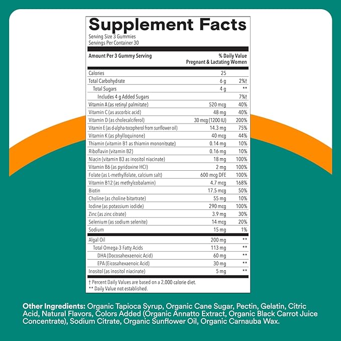 SmartyPants Prenatal Multivitamin Gummies Omega 3 (DHA/EPA) Methylfolate Biotin Vitamin D3 C Vitamin B12 B6 Vitamin A K &amp Zinc Gluten Free 90 Count (30 Day Supply)