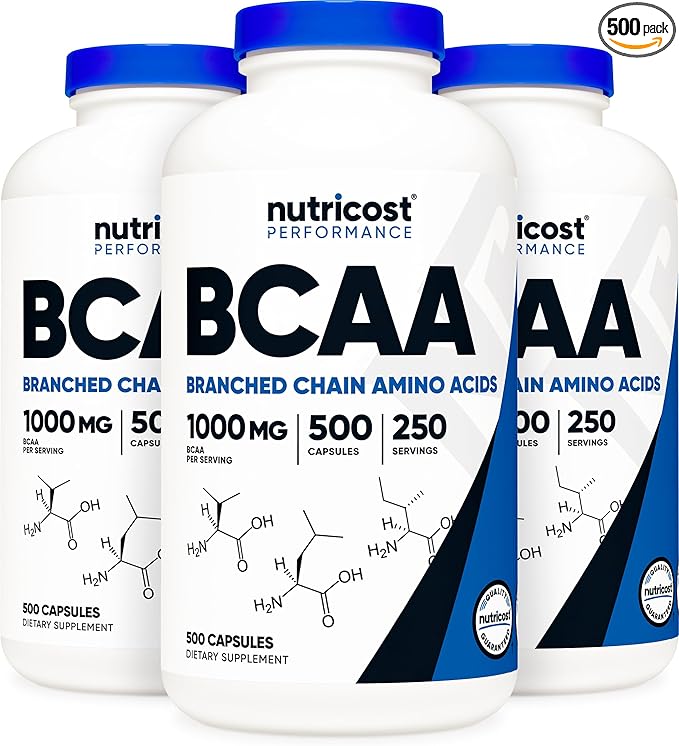 Nutricost BCAA 2:1:1 Capsules 500 Capsules for 250 Servings Per Bottle (3 Bottles)