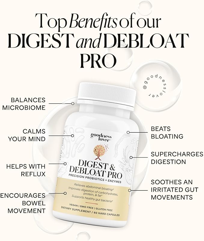 Goodness Lover Digest &amp Debloat Pro Natural Digestive Enzymes Probiotics for Bloating Relief and Gas Relief Probiotic Supplement for Women and Men Vegan Non-GMO 90 Capsules