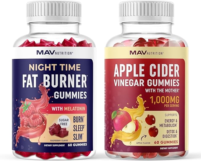 MAV NUTRITION Night Time Fat Burner Gummies and Apple Cider Vinegar Gummies | Nighttime Metabolism Boost &amp Weight Management Gummy Bundle | 30 Servings Each