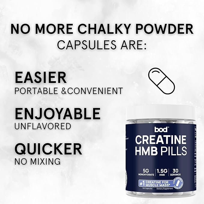 Bod Creatine HMB Capsules Creatine Monohydrate Powder with HMB for Muscle Growth Increased Strength Energy and Performance - No Bloat No Load Unflavored Vegan 150 Capsules 30 SVG