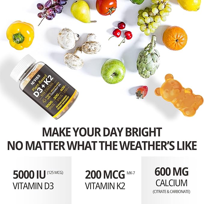 Vitamin D3 5000iu &amp K2( as MK7 ) 200mcg Gummies + 600mg Calcium with Coconut Oil for High Absorption Maximum Strength Vitamin D3 K2 Supplement - Support for Bones Muscle Teeth Immune Vegan 2Pac