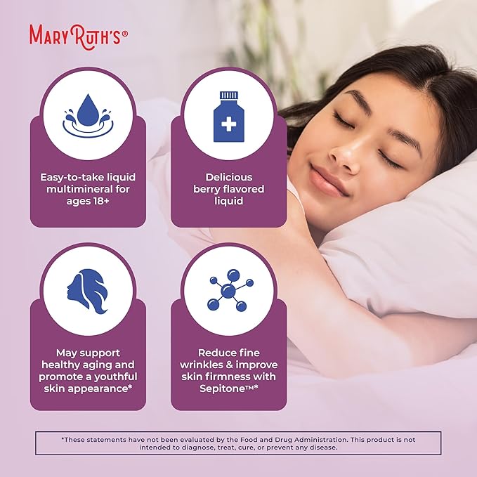 MaryRuth's Liquid Nighttime Liquid Multimineral + Skin Renew | Clinically Shown in Women to Reduce Fine Wrinkle &amp Improve Skin Firmness | Sepitone | NO Melatonin | Magnesium | Vegan | 30 Servings