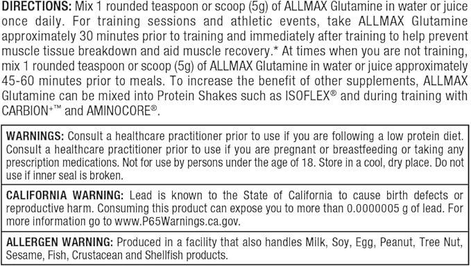 ALLMAX L Glutamine Powder 1000g Fermented L-Glutamine Powder Pure Unflavored Glutamine Supplement for Gut Health Recovery &amp Immune Support Vegan Gluten Free