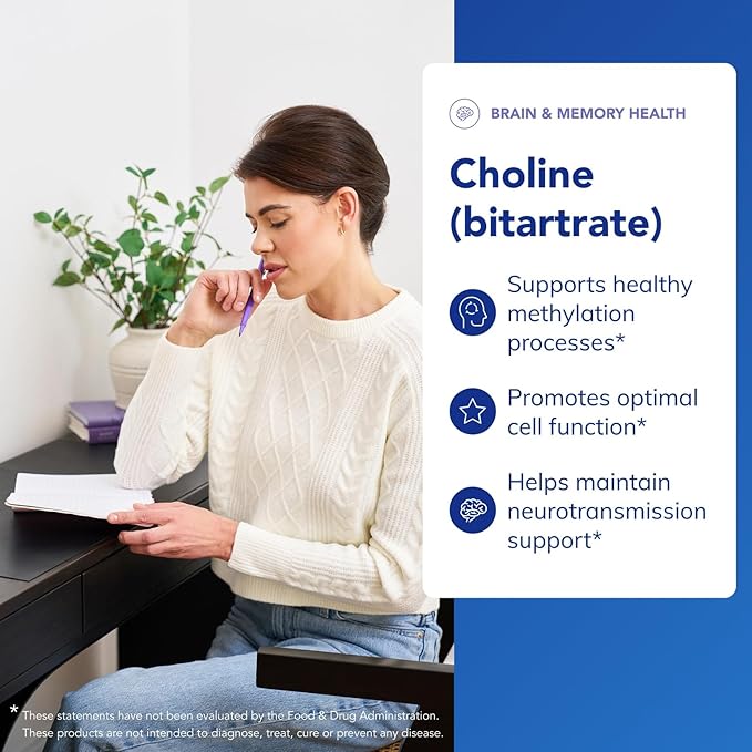 Pure Encapsulations Choline (Bitartrate) - 275 mg Choline (Bitartrate) - Supports Methylation Brain Health &amp Cell Function* - Highly Bioavailable - Vegan &amp Non-GMO - 100 Capsules