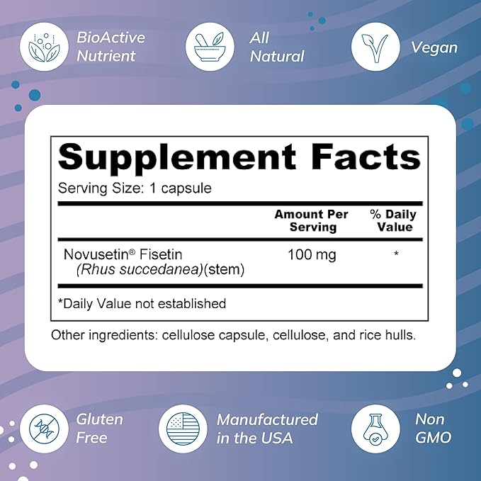 Wellness Resources Fisetin - Novusetin Fisetin Supplement for Longevity Memory Focus Brain Health - Senolytic and Situin Activator - Gluten-Free Non-GMO Vegan (100mg 90 Capsules)