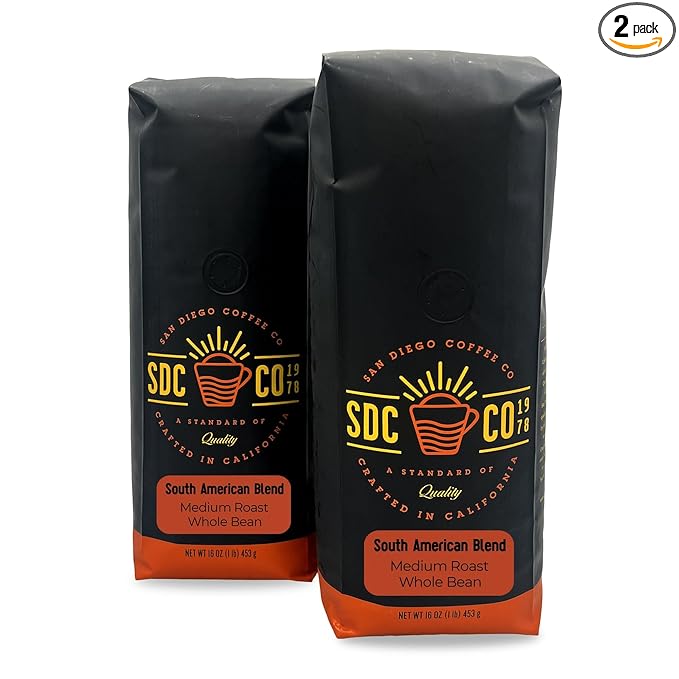 San Diego Coffee South American Blend Medium Roast Whole Bean Coffee 16-Ounce Bags (Pack of 2) Café en grano tostado
