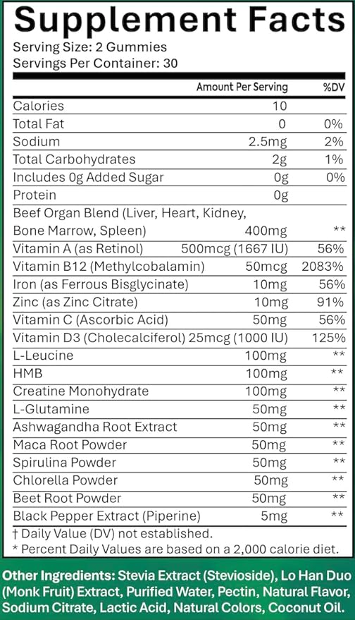 Sugar Free Grass-Fed Beef Organ Supplement Gummies with HMB L-Leucine Vitamin A B12 C D3 Supports Muscle Growth Cognitive Function Energy Detoxification Desiccated Pasture Raised Grain Free