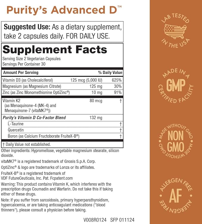 Purity Products Advanced D from Vitamin D3 Super Formula - Packed with Vitamin D Vitamin K2 Zinc Magnesium Citrate Boron and Taurine - 60 Vegetarian Capsules