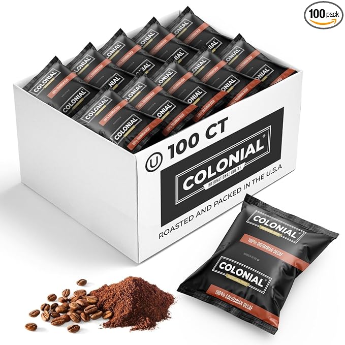 Colonial Coffee 100 Count Single Pot Coffee Packets – 100% Arabica Decaf Colombian Medium Roast | Pre-Measured Frac Packs for 12 Cup Maker | Bulk Ground Gourmet Coffee for Home &amp Office