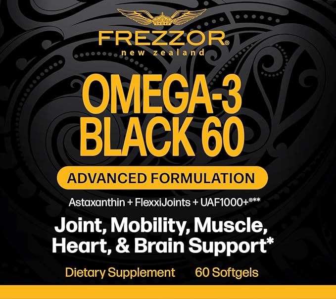 FREZZOR Omega 3 Black for Joint Care &amp Comfort - New Zealand Green Lipped Mussel Oil Capsules 53x Higher Potency with UAF1000+ Super Antioxidant No Fishy Aftertaste 60 Count (Pack of 2)