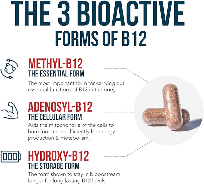 BioActive Vitamin B12 - 5000 mcg Contains 3 BioActive Forms B12 Plus Methylfolate Cofactor - Methyl B12 Adenosyl B12 &amp Hydroxy B12 | Supports Energy Metabolism &amp Mood | Vegan Non-GMO (60 S