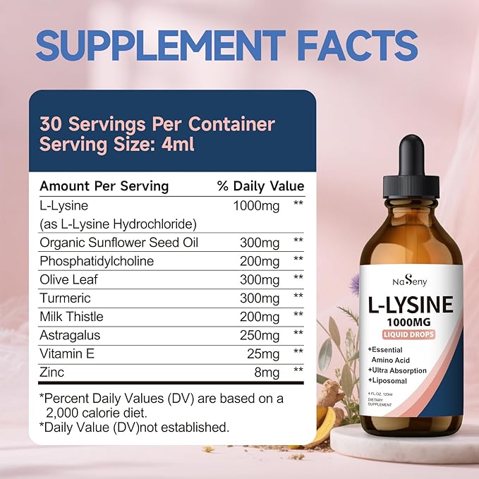 L-Lysine Liquid Drops Liquid Lysine 1000mg Supplement Essential Amino Acid Supplement for Lips &amp Oral Health &amp Collagen Formation Support Lysine Drops with Vitamin E &amp Zinc for Adults 4