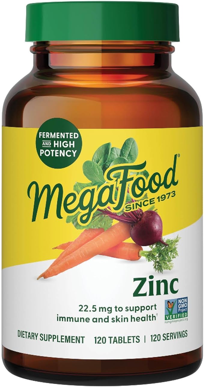 MegaFood Zinc Supplements for Women &amp Men - Vegan Immune Support Supplement with 22.5 mg High Potency Fermented Zinc Tablets - Made with Real Food - 120 Tablets 120 Servings