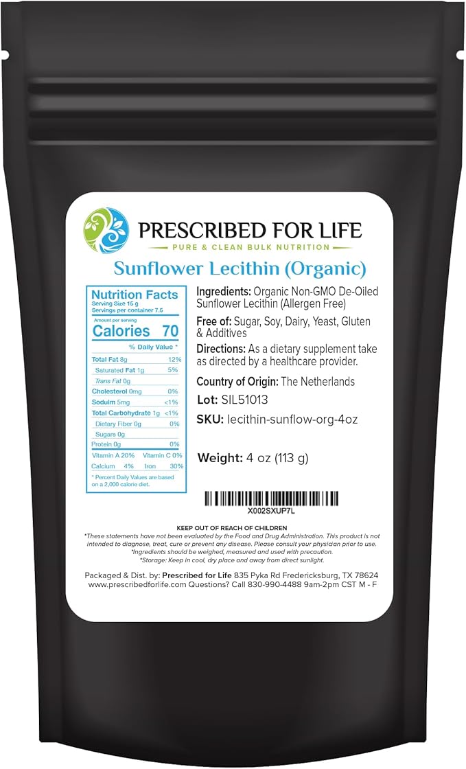 Prescribed For Life Organic Sunflower Lecithin Powder Natural Gluten Free Vegan Non GMO Soy Free Kosher Lecithin Supplement Rich in Choline &amp Essential Fatty Acids (4oz / 113g)