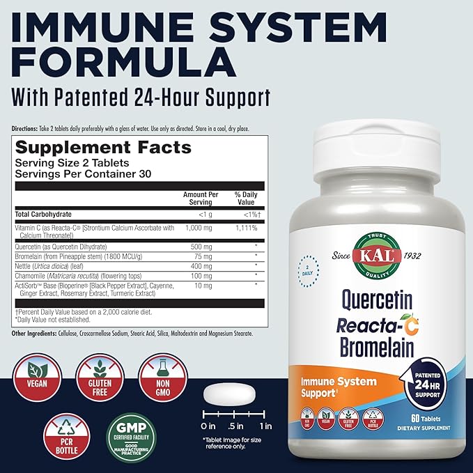 KAL Quercetin Reacta-C Bromelain Immune Support Supplement 24 Hour Immune Defense with Bioflavonoids Vitamin C 1000mg and Quercetin 500mg Vegan Gluten Free 60-Day Guarantee 30 Serv 60 Tablets