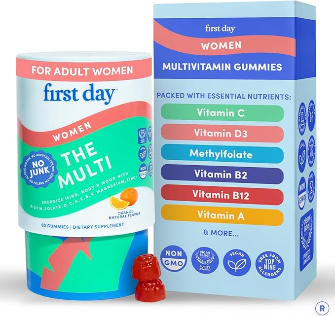 FIRST DAY Multivitamin for Women - Daily Womens Multivitamin Gummies - Vitamin A C D E B12 Magnesium Zinc Biotin – Vegan Gluten Free Womens Vitamins - Hair Growth Skin Energy – 30 Day Supply