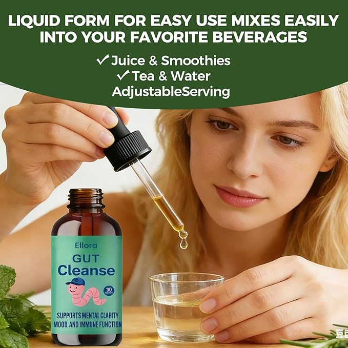 ELLORA Gut Cleanse Drops with Black Walnut Hull Wormwood Clove Oregano &amp Licorice Root for Support Gut Digestive &amp Immune Vegan Non-GMO30ML