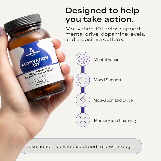 Motivation 101 by Dave Asprey | Targeted Dopamine Support for Drive + Mood | Supports Focus Memory Learning Balanced Moods and Positive Mental Outlook | 30 Day Supply