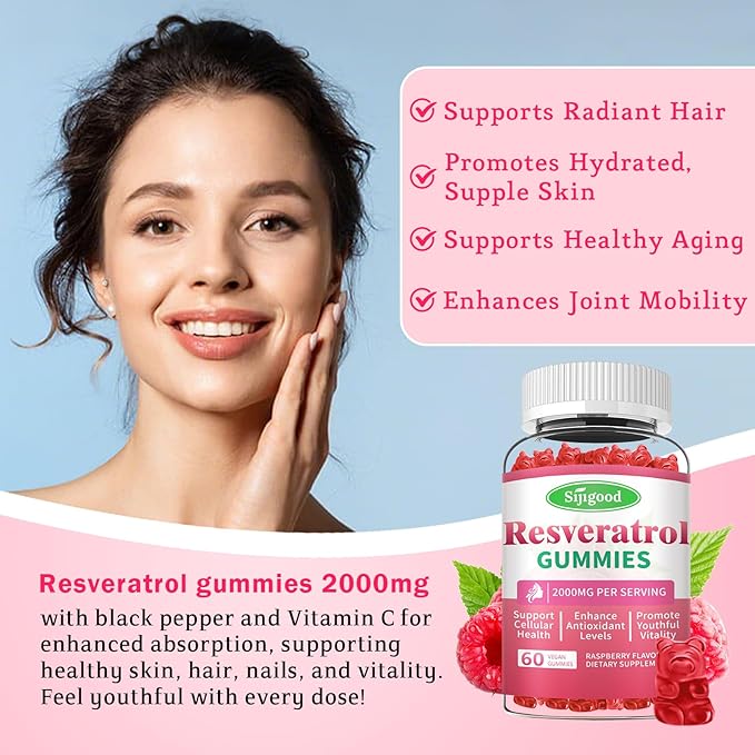 Organic Resveratrol Gummies for Women - Sugar Free Resveratrol-Nutritional-Supplements for Antioxidant Support Cellular Health Immunity Brain &amp Energy Raspberry Flavor 120 Count