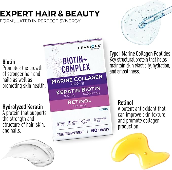 Granions Biotin Keratin Collagen Complex and Marine Collagen Lemon Powder Hair Growth and Beauty Bundle