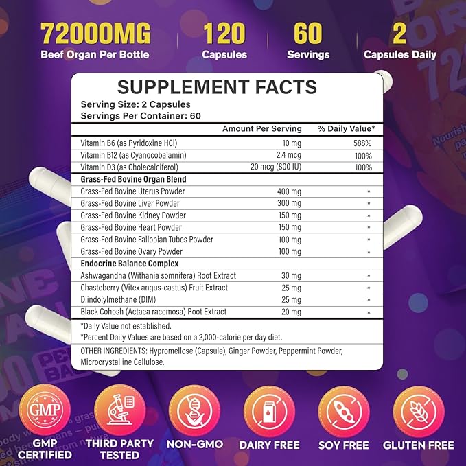 Beef Organ Supplement for Women - 100% Grass Fed Beef Organs with Bovine Liver Ovary Uterus Kidney Heart &amp Fallopian Tubes - PMS Menopause &amp Energy Immune &amp Mood Support 120 Count