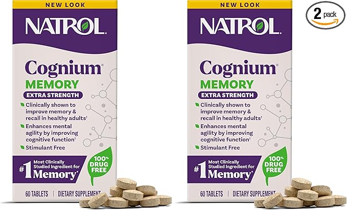 Natrol Cognium Memory Extra Strength Brain Health Supplements for Adults Brain Memory Supplements Enhances Mental Agility in Healthy Adults 60 Tablets Up to a 30 Day Supply (Pack of 2)