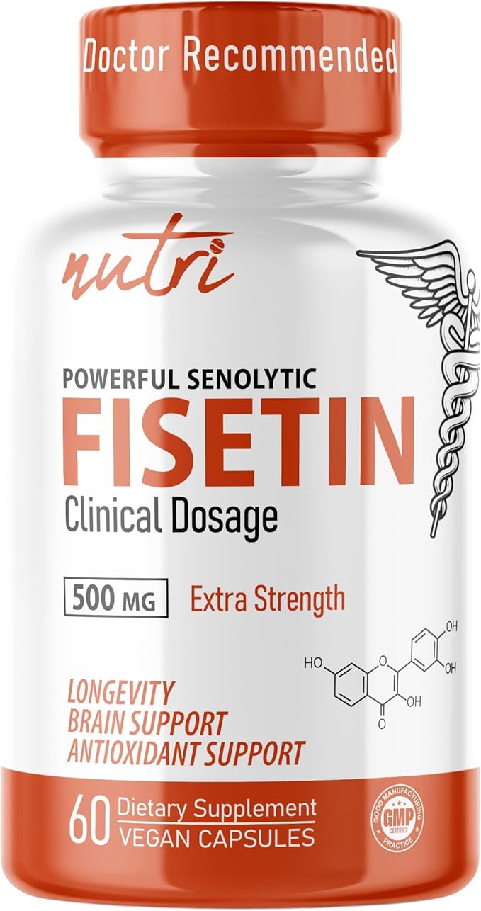 Nutri Fisetin 500mg 60 Count - Clinical Dosage - Fisetin Supplements - Powerful Senolytic Activator Antioxidant Heart &amp Brain Support - Natural Polyphenols - Capsules - 3rd Party Tested for Puri