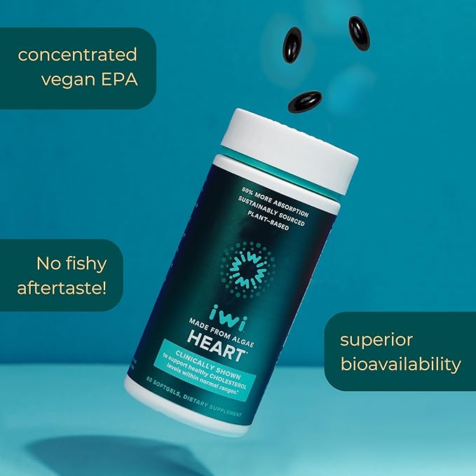 Iwi Life Heart Omega-3 60 Softgels (30 Servings) Vegan Plant-Based Algae Omega Fatty Acids + EPA Heart Health Support Dietary Supplement Krill &amp Fish Oil Alternative No Fishy Aftertaste