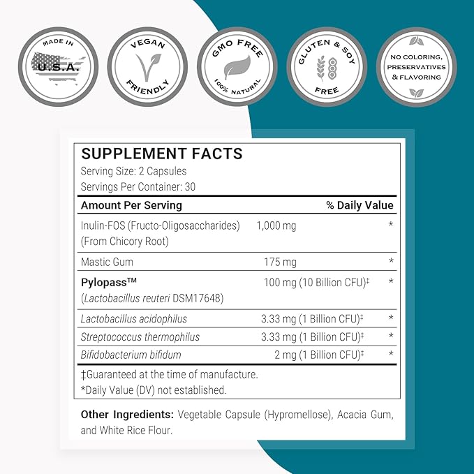 Supersmart H. Pylori Advanced Formula (Mastic Gum Probiotics &amp Prebiotic) - Complete Action | Made in USA | Non-GMO &amp Gluten Free - 60 Vegetarian Capsules