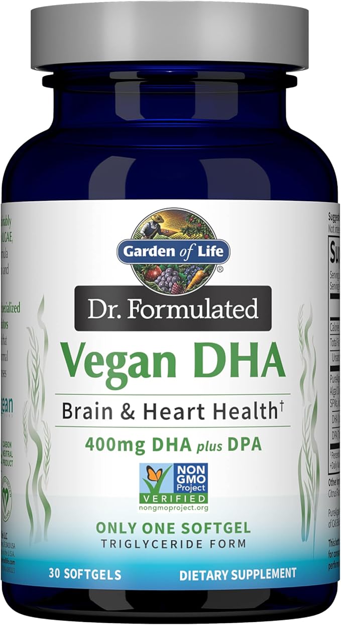 Garden of Life Omega 3 Vegan DHA Supplements Dr. Formulated Vegan DHA 400mg DHA &amp 90mg DPA in Triglyceride Form from a Single Source Omega 3 Supplement for Women's and Men's Health 30 Softgels