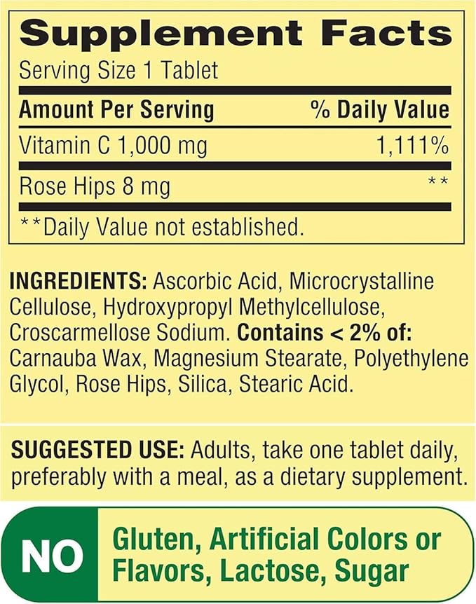 Spring Valley Vitamin C 1000mg with Rose HIPS Tablets Dietary Supplement 500 Count Antioxidant Protection* (Pack of 1) + Vsl Sticker