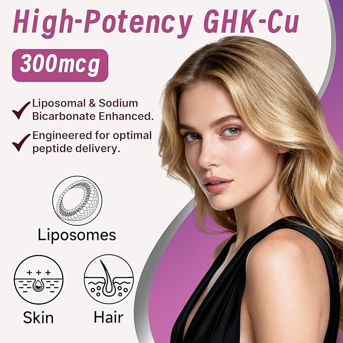 GHK-Cu Copper Peptide Supplement 300 mcg per Serving Liposomal Formula 100 Vegan Capsules – Beauty Support Matrix with Biotin Phytoceramides &amp Herbal Blend