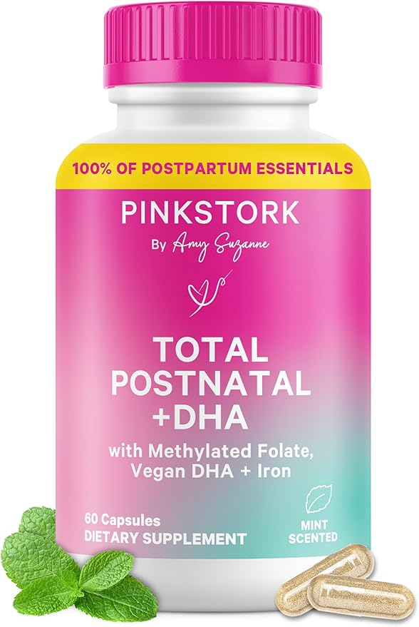 Pink Stork Total Postnatal Vitamins for Women | Vegan DHA Iron Folate B12 | Postpartum Recovery Essentials | Lactation Support for Breastfeeding Moms | Clean Label Award Winner - 60 Capsules Mint