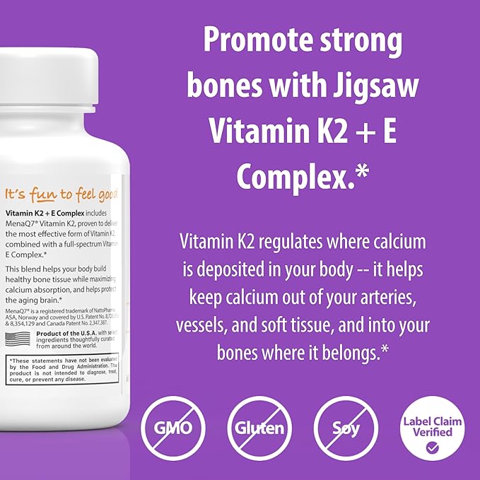 Jigsaw Health Vitamin K2 + E Complex | Promotes Healthy Bones | 60 Softgels | 60 Servings