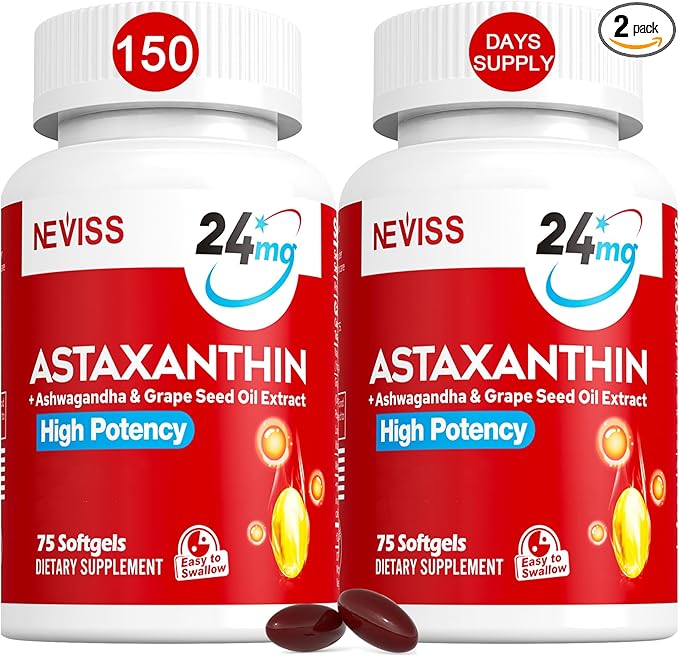 Astaxanthin Supplements 24mg 5 Month Supply - Coconut MCT Oil Fresh Microalgae Source w/Grape Seed Oil Ashwagandha - Antioxidants for Healthy Skin Eyes Aging - Non-GMO &amp Gluten Free 150 Soft