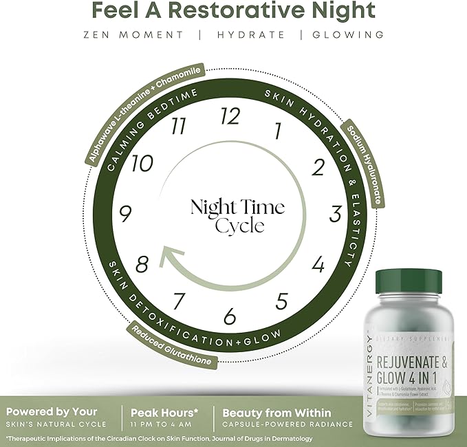 Vitanergy Beauty Sleep &amp Skin Glow Supplement – 4-in-1 Nighttime Support with L-Glutathione Hyaluronic Acid L-Theanine &amp Chamomile – Vegan Made in USA 56 Capsules