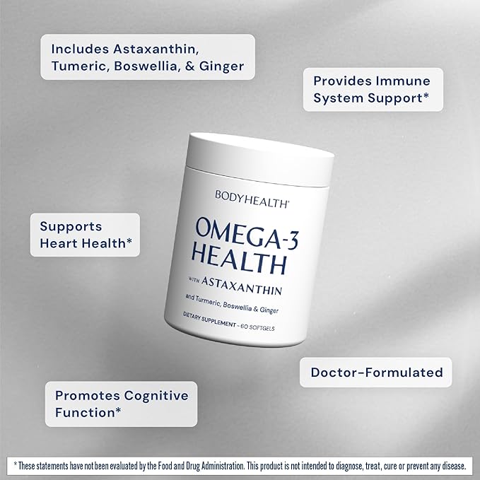 BodyHealth Omega 3 Health Fish Oil Supplement for Women and Men Heart and Brain Health Fish Oil Pills Fatty Acid Supplements Omega 3 Vitamins - 60 Soft Gels