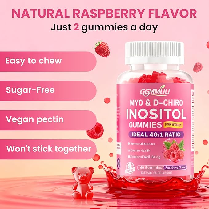 2 Pack Myo-Inositol &amp D-Chiro Inositol Gummies for Women 2000mg + 50mg Ideal 40:1 Ratio with Vitamin D3 Magnesium Glycinate Folate &amp Zinc for Female Raspberry Flavor 120 Count