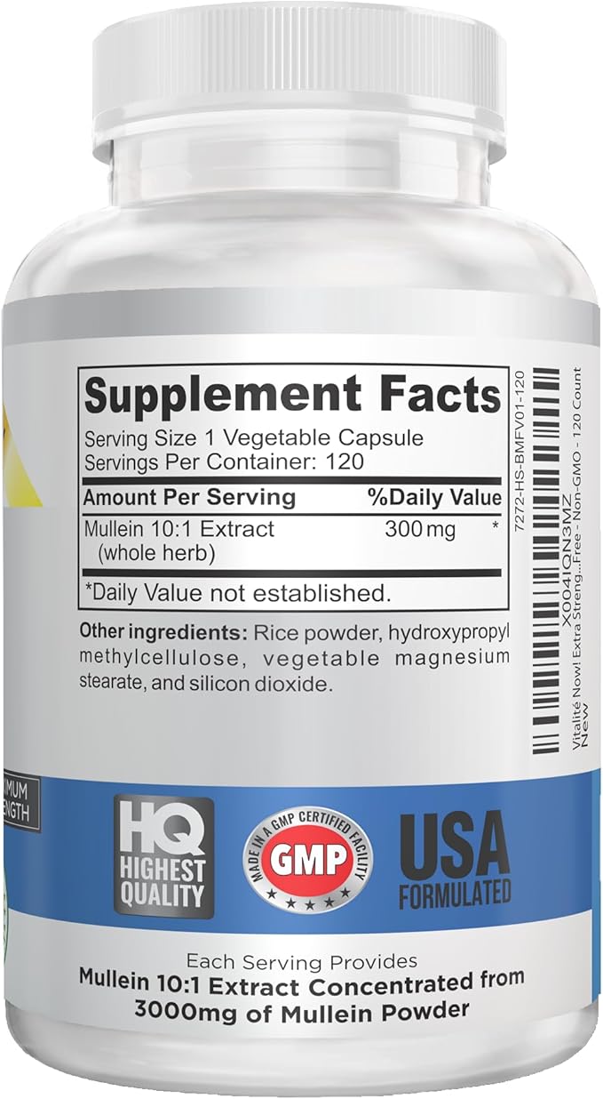 Extra Strength Mullein Capsules 10:1 Extract Respiratory &amp Immune Health Lung Cleanse 100% Pure Whole Herb Gluten Free Non-GMO 120 Count 4 Month Supply Made in the USA