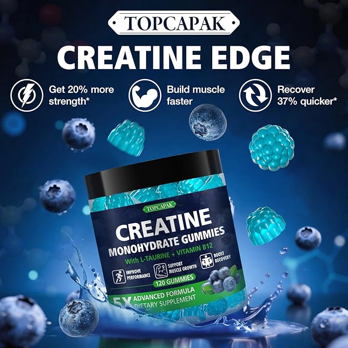 Creatine Gummies for Women &amp Men Creatine Monohydrate Gummies Supplement Pre-Workout Support with Taurine &amp Vitamin B12 Blueberry Flavor Chewable Creatine Gummy 120 Count