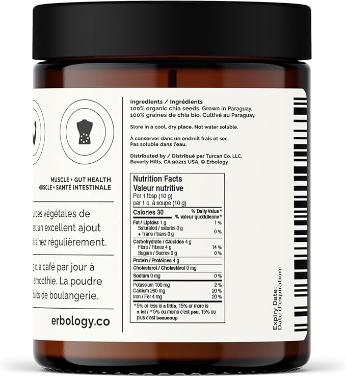Erbology Organic Chia Powder 3.2 oz - Cold-Pressed from 100% Chia Seeds - Rich in Fibre Protein and Minerals - Raw Vegan and Gluten-Free - Non-GMO - Recyclable Glass Jar