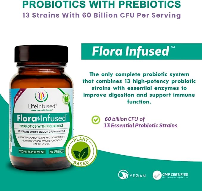 Life Infused Flora Infused Probiotics with Prebiotics – 60 Billion CFU 13 Strains + Enzyme Blend for Digestive &amp Gut Health Support Bloating &amp Regularity Support Shelf Stable Probiotic – 60