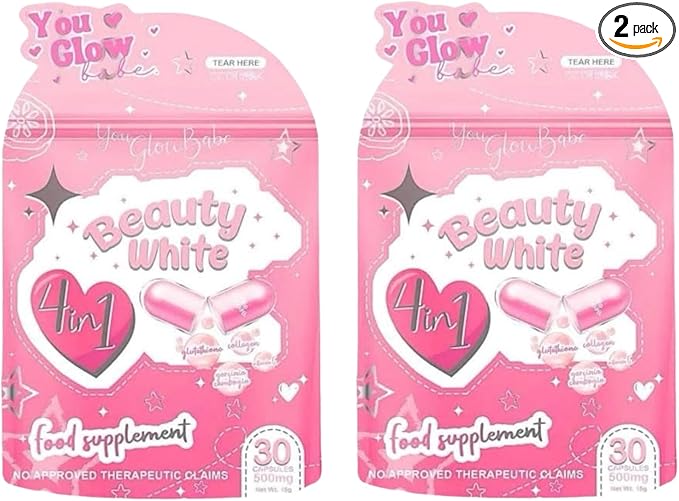 You Glow Babe Beauty White 4 in 1 Glutathione Food Supplement Size 15gram Each (Pack of 2) 30 x 2-60 Capsules
